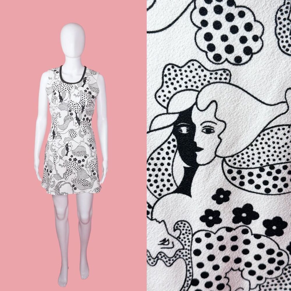 1960s MOD FACE Print SURREALIST OP Art Dot Whimsical Mini Dress. XS-S. AS IS